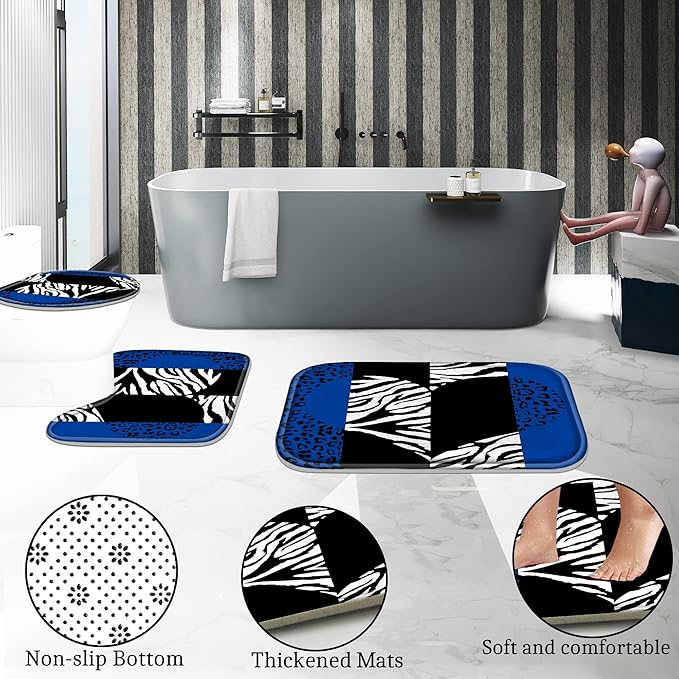 Poedist 4 Pcs Bathroom Shower Curtain Set,Blue Leopard Print Shower Curtain Bright Style Shower Curtain Sets with Rugs(Bath Mat,U Shape and Toilet Lid Cover Mat) and 12 Hooks