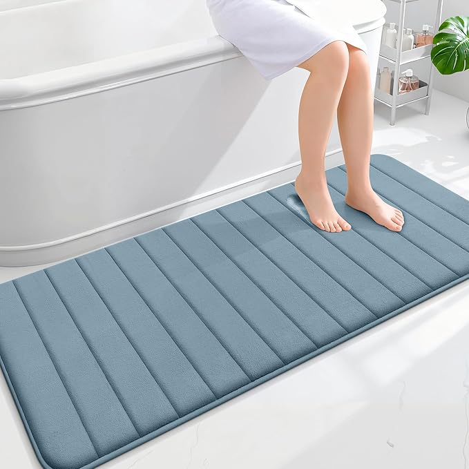OLANLY Memory Foam Long Bathroom Rugs Runner 59x24, Super Soft Absorbent Bath Mat, Quick Dry, Machine Washable Shower Floor Rugs, Bathmat Carpet, Bathroom Home Decor Accessories, Airy Blue