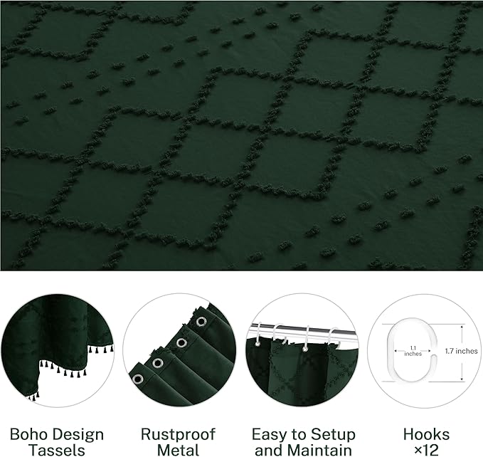 Extra Long Dark Green Boho Woven Fabric Cute 96 Inch Shower Curtain, 72 x 96 Tufted Chevron Textured Striped Modern Farmhouse Minimalist Cloth Shower Curtain for Bathroom