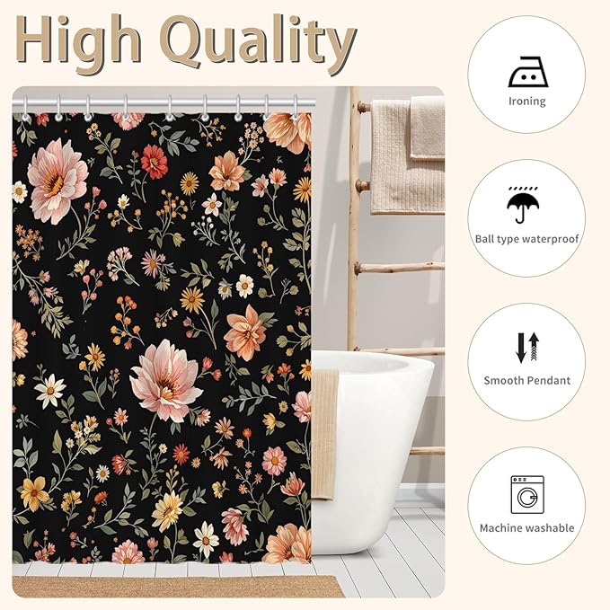 Black Floral Shower Curtain，Cute Dark Wildflower Rustic Flower Blossom Farmhouse Leaves Botanical Cloth Fabric ，Waterproof Polyester Bathroom Home Decor Set with 12 Hooks，72 x 72 Inch