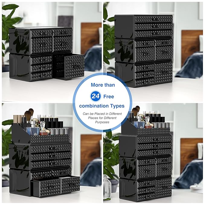 Awenia 4 Pack Stackable Makeup Organizer[Upgraded],Acrylic Cosmetics Storage Cases with 11 Drawers Perfume Organizers For Brush Holder or Jewelry Display,Plus Size(Black)