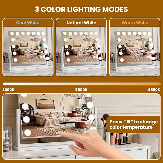 Vanity Mirror with Lights, 23"×17" Hollywood Makeup Mirror with 15 Dimmable Bulbs, 3-Color Lighting, Dimmable, 360° Rotation, 10x Magnification, Desk Mirror, Bedroom (White)