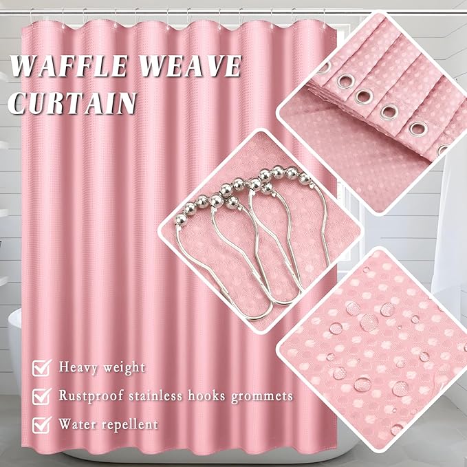 XLHOMO Bathroom Set with Shower Curtain and Rugs- 25PC Bathroom Accessory Set, Pink Bathroom Set, Toilet Brush, Trash Can, Qtip Holder & Soap Dispenser