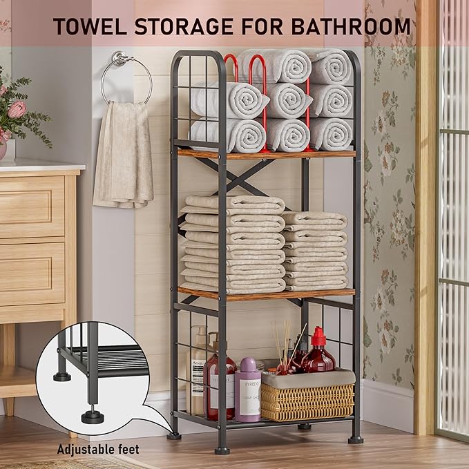 GIOTORENT Bathroom Towel Storage, 3-Tier Free Standing Towel Rack with M-Shaped Dividers, Wooden Towel Organizer for Bathroom, Towels Stand for Home and Pool, Black and Rustic