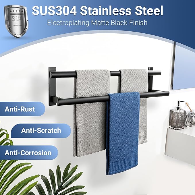 SAYAYO Double Towel Bar for Bathroom, 24 Inch Matte Black Bath Towel Rack Towel Holder Wall Mounted, SUS304 Stainless Steel