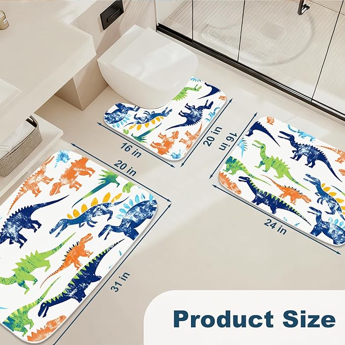 Colorful Cartoon Jurassic Dinosaur Bathroom Rugs Bath Mats Sets 3 Piece, Imitation Cashmere Kids Dino Bath Mat, Memory Foam U-Shaped Contour Shower Mat Non Slip Absorbent, Velvet Washable 20 x 31 inch
