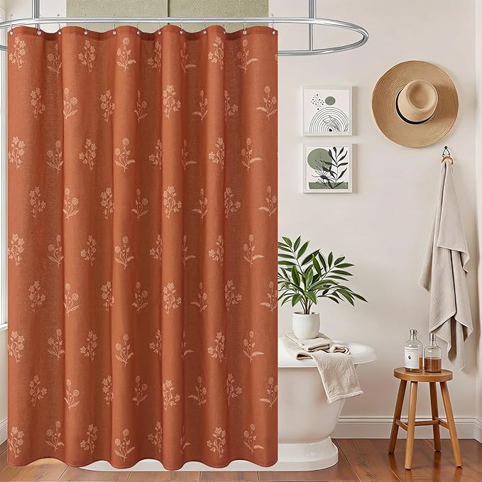 ORTIGIA Linen Shower Curtain Terracotta Farmhouse Vintage Floral Shower Curtains Burnt Orange Boho Rustic Curtains Block Print Cottagecore Decor for Bathroom 72 W x 72 L