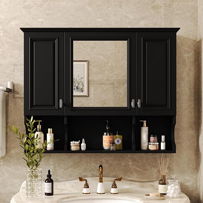Merax Bathroom Wall Cabinet with Mirror, Wall Mounted Medicine Cabinet with Adjustable Shelves and Open Spaces, 35" x 28" Mirrored Door Over The Toilet Bathroom Storage Cabinet