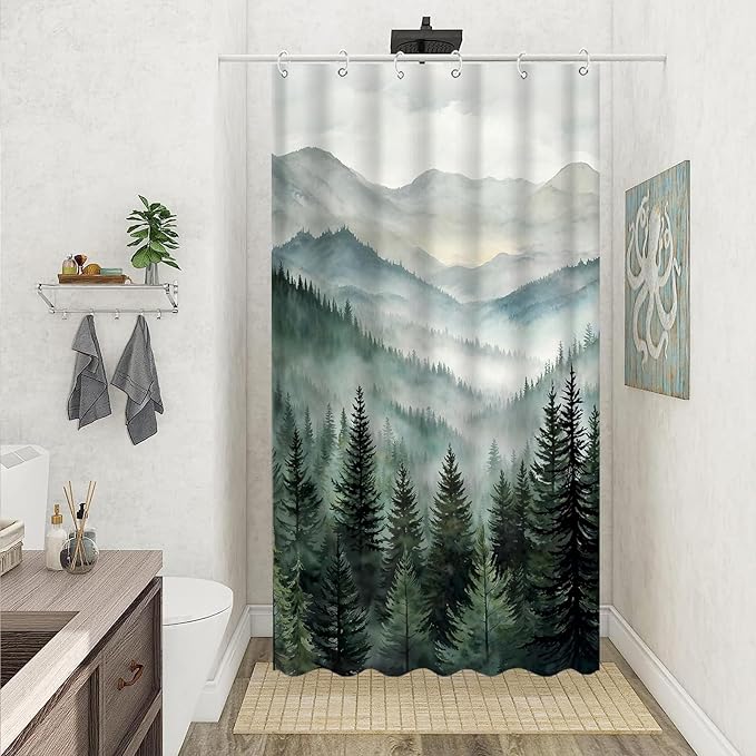 Accnicc Forest Mountain Shower Curtain Dark Green Nature Misty Pine Tree Shower Curtains for Bathroom Foggy Rustic Woodland Decorative Waterproof Fabric Bath Curtain Decor 36×72 Inches