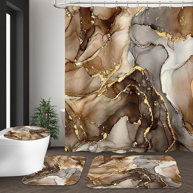 4PCS Brown Marble Bathroom Sets with Shower Curtain and Rugs, Abstract Gold Shower Curtain Sets with Rugs for Bathroom Decor, Bathroom Curtains Shower Set with Toilet Lid Cover Accessories