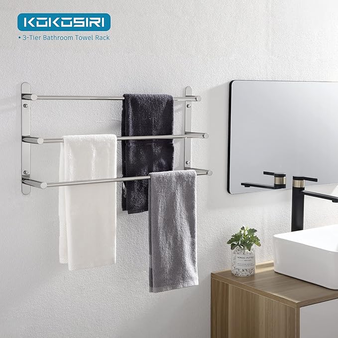 KOKOSIRI Bath Towel Bars Bathroom 3-Tiers Ladder Towel Rails Wall Mounted Towels Shelves Rack Stainless Steel, Polished Chrome, B5002CH-L24