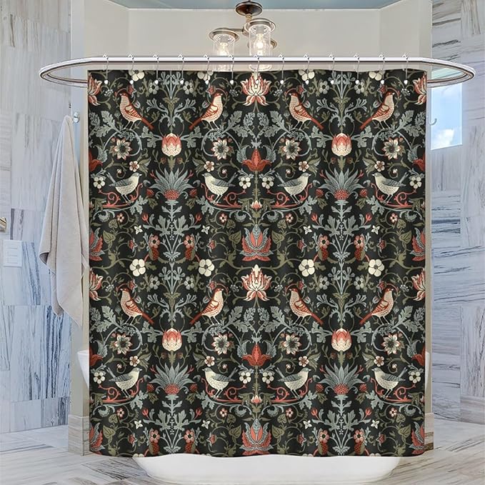 Boho Shower Curtain William Morris Art Print Retro Bird Plant Natural Flower Pattern Print Shower Curtains 72""×72"" Inch, Style-2