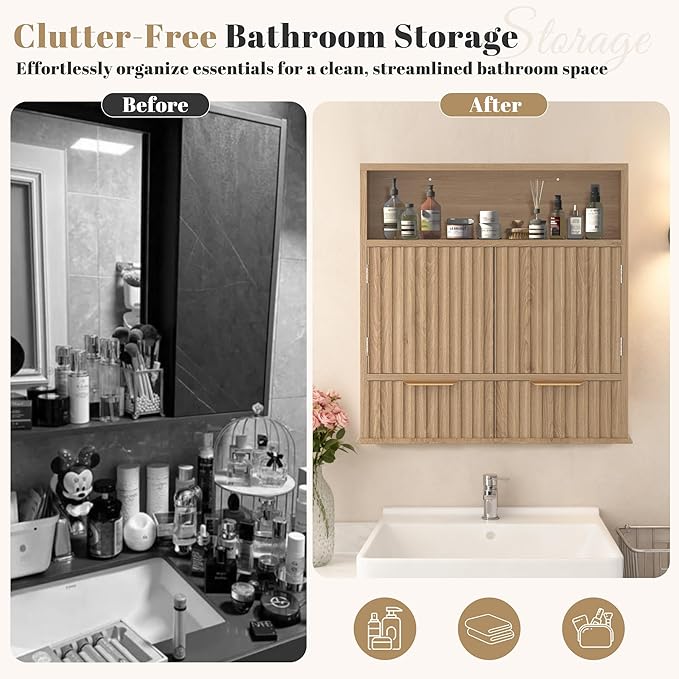 Fluted Bathroom Wall Cabinet with Drawers, Wooden Medicine Cabinet Organizer Over The Toilet, Wall Mounted Storage Cabinet with Open Shelf for Bathroom, Kitchen, and Laundry Room (Walnut)