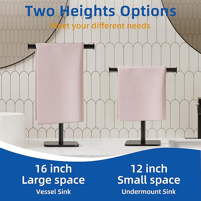RUACQ T-Shape Hand Towel Holder Stand, Weighted Base Towel Rack, 12" Countertop Towel Holder for Bathroom, 304 Stainless Steel, Heavy Duty (Matte Black, 2 Pack)