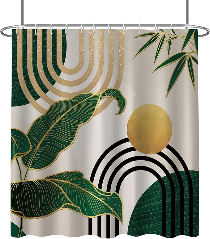 FZDHHY 4Pcs Green Shower Curtain Set, Boho Bathroom Sets, Bamboo Leaf Bathroom Sets with Shower Curtain and Rugs, Shower Curtain with 12 Hooks