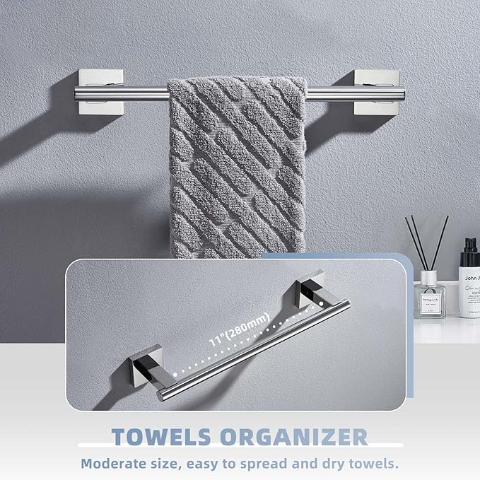 Suyar Polished Chrome Hand Towel Bar, SUS304 Stainless Steel Bathroom Towel Holder, Kitchen Closet Cabinet Washcloth Rack Wall Mounted, 13.78 Inch