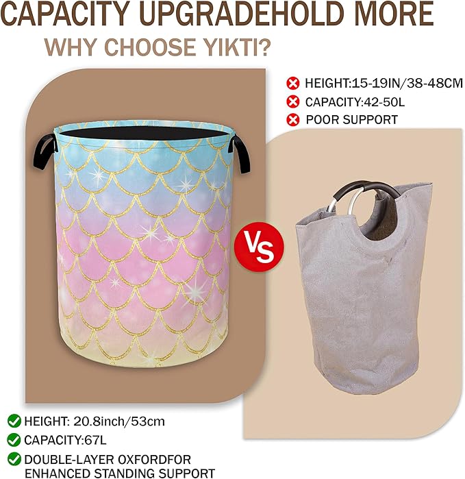 Glitter Mermaid Scales Laundry Basket,Pink Blue Gold Clothes Hamper,Oxford Cloth Collapsible Nursery Hamper Storage Organization for Bedroom,Bathroom,Office,College Dorms,16x20 Inch