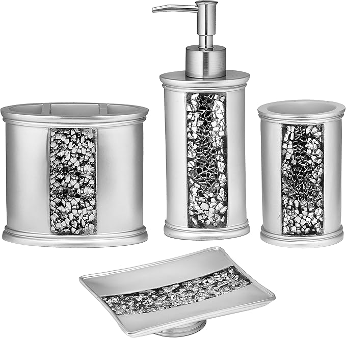 Zahari Home 4pc Sinatra Stylish Bathroom Accessories Set Liquid Soap Dispenser, Tumbler, Tooth Brush Holder and Soap Dish Modern Classic Luxury Decor Bling Mosaic Glass Silver Bathroom Accessories