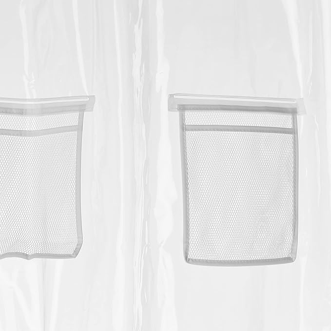 Amazon Basics 8-Gauge PEVA Shower Curtain or Liner with Mesh Storage Pockets - 72" x 72",Clear,(Pack of 10)