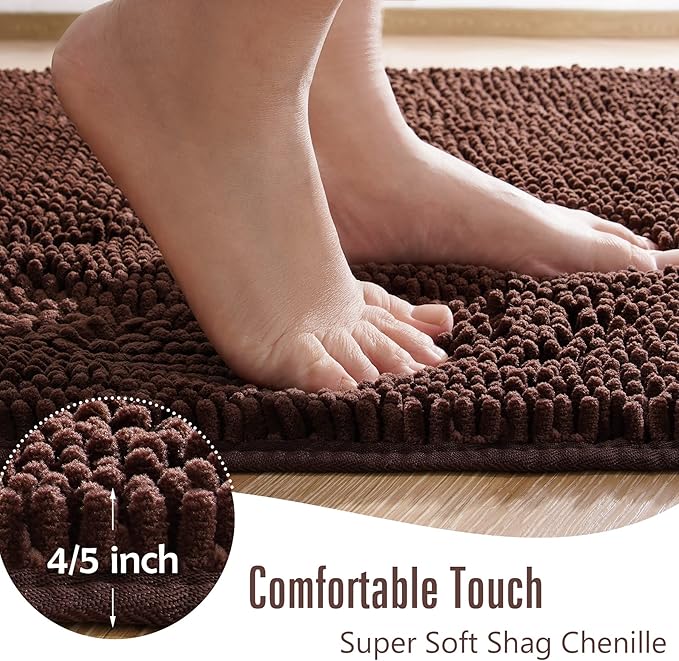 LOCHAS Luxury Bathroom Rug Shaggy Bath Mat 24 x 60 Inch, Washable Non Slip Bath Rugs for Bathroom Shower, Soft Plush Chenille Absorbent Carpets Mats, Brown