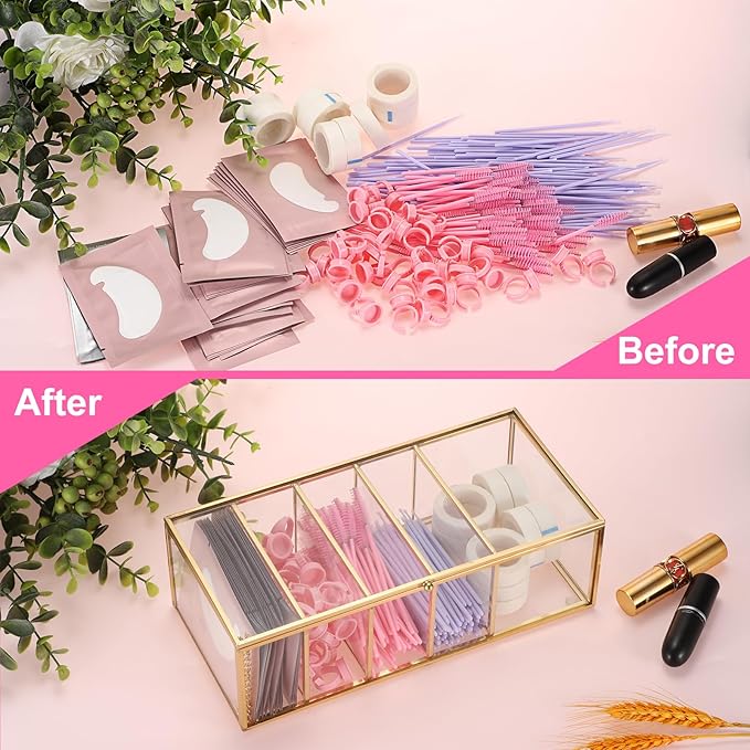 ELLDOO Lash Extension Organizer Box with Lid, Gold Glass Eyelash Supplies Organizer Storage Box, 5 Compartments Bathroom Supplies Storage Container for Cotton Swabs, Balls, Pads, Floss Picks