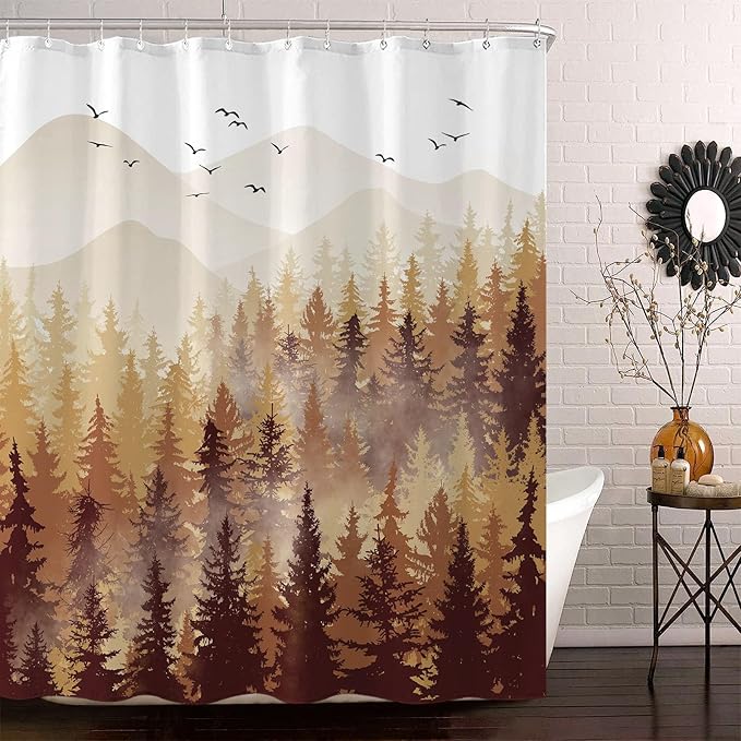 Accnicc Fall Brown Yellow Misty Forest Shower Curtain Ombre Autumn Nature Foggy Tree Waterproof Fabric Shower Curtains for Bathroom Mountain Woodland Decorative Bath Curtain Decor (72'' × 72'')