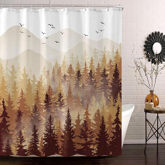 Accnicc Fall Brown Yellow Misty Forest Shower Curtain Ombre Autumn Nature Foggy Tree Waterproof Fabric Shower Curtains for Bathroom Mountain Woodland Decorative Bath Curtain Decor (72'' × 72'')