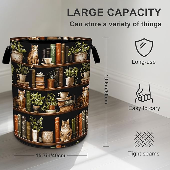 Wooden Bookshelf Cat Laundry Basket Storage Bin Foldable Laundry Hamper Clothes Storage Bucket Organizer 19.6x15.7 Inch For Laundry Room/Bedroom/Bathroom