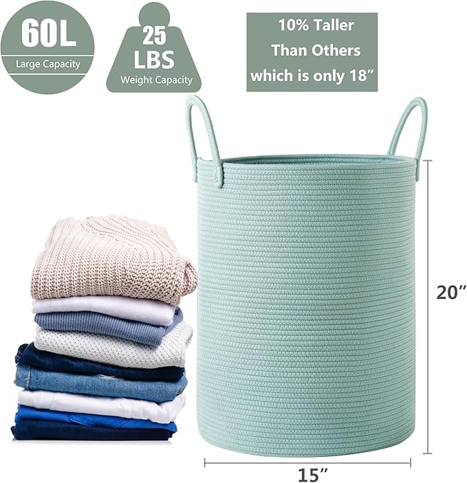 15Dx20H inches Tall Green Hamper Cotton Rope Laundry Basket Woven Hamper for Clothes Blanket Storage in Bedroom Livng Room for Baby Nursery Kids Toys Organize 62L Capacity