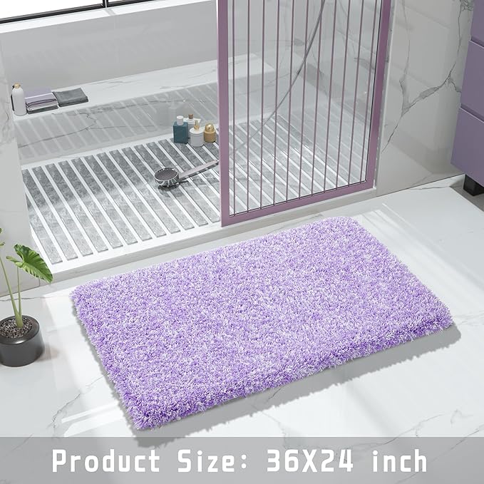 Yimobra Bathroom Rugs Non Slip Washable 36x24, Ultra Soft and Water Absorbent Bath Mats, Plush Fluffy Shower Mat Outside, Luxury Microfiber Thick Matts for Bathroom Floor/Tub, Purple and White