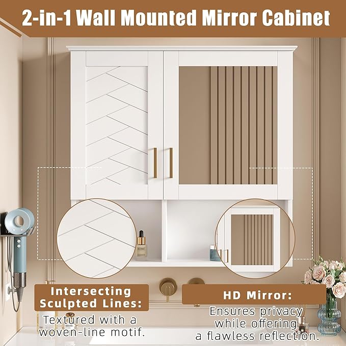 Bathroom Mirror Cabinet, 30 inch Wall Mounted with Adjustable Shelves & Soft Close Doors, High-Define Mirror with Storage