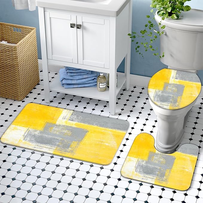 Lnond 4Pcs Bathroom Shower Curtain Sets with Rugs,Yellow and Grey Painting Art Bathroom Sets with Shower Curtain and Rugs and Accessories