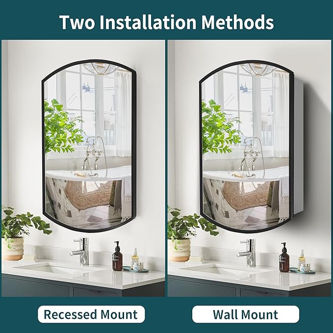 Movo Oval Aluminum Medicine Mirror Cabinet,16" W x 26" H Black Framed Farmhouse Medicine Cabinet with Mirrored Door,Recess or Wall Mount Bathroom Mirrored Cabinet,Adjustable Glass Shelves
