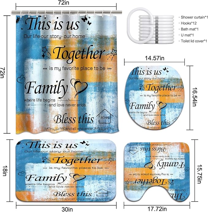 Lnond 4Pcs Bathroom Shower Curtain Sets with Rugs, Orange Blue Motivational Home Family Bathroom Sets with Shower Curtain and Rugs and Accessories