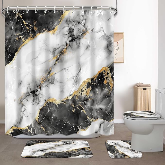Lnond 4Pcs Bathroom Sets with Shower Curtain and Rugs, Marble Bathroom Shower Curtain Sets, Black White Gold Modern Art Bathroom Sets with Rugs and Accessories