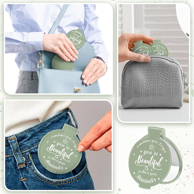36 Pcs 2.76 Inch Inspirational Compact Mirror Bulk Women Small Gifts Graduation Party Favors Purse Mirror Pocket Mini Stuffer Items for Adult Coworker Cheerleader Employee (Sage Green)