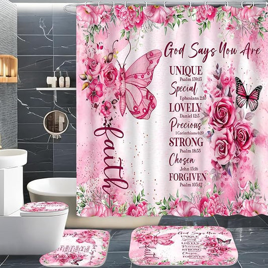 4 Pcs Pink Butterfly Inspirational Quotes Shower Curtain Set with Rugs, Toilet Lid Cover and Bath Mat, Bible Verse Floral Bathroom Decor Set Accessories, Colorful Boho Shower Curtain with 12 Hooks