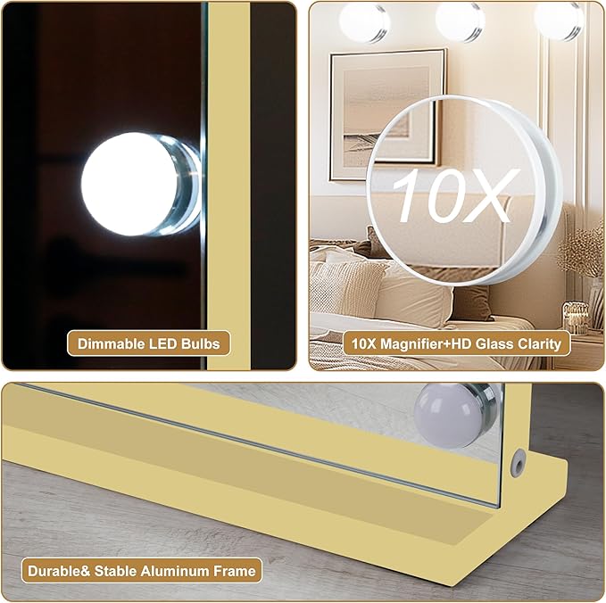 Moonee Gold Vanity Mirror with Lights, Hollywood Lighted Makeup Mirror with 17 Dimmable Bulbs and 10X Magnification, 3 Colors Modes, Aluminum Metal Frame, Light Up Mirror for Tabletop/Wall（26" x 20"）