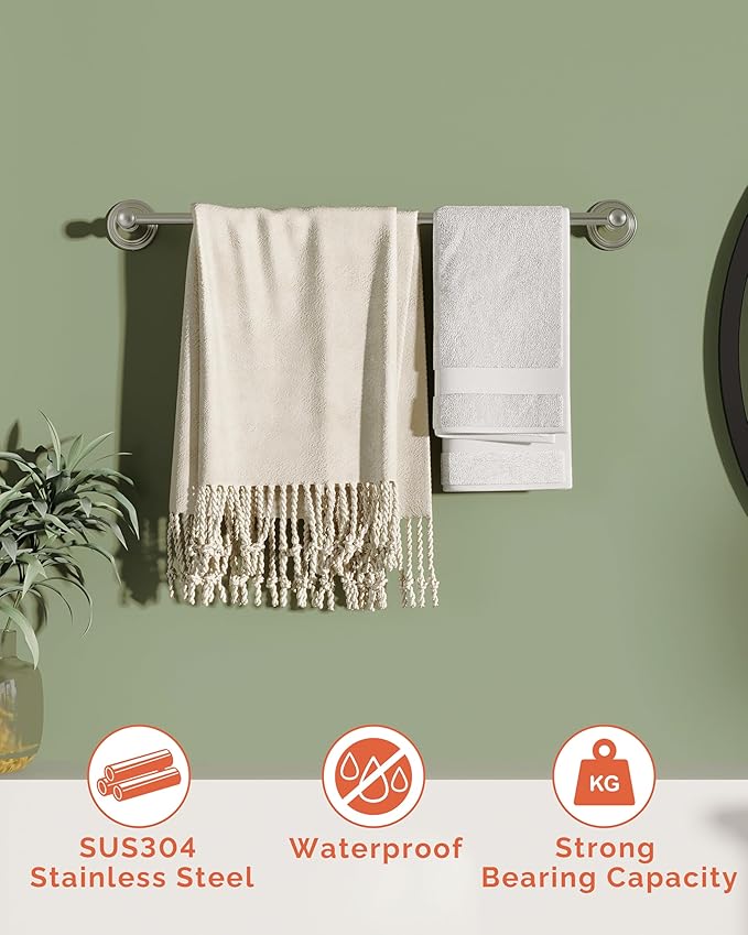 Towel Bar 24inch, Stainless Steel Bathroom Towel Rack Wall Mounted, Heavy Duty Towel Rod, Towel Holders for Bathroom, Kitchen (Brushed Nickel)