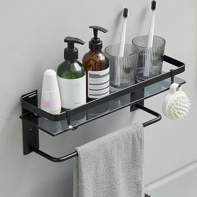 VOLPONE Glass Shelf for Bathroom 15.7 in Black Bathroom Shelves Wall Mounted Tempered Glass Shelving with 2 Removable Hooks (1 Tier)