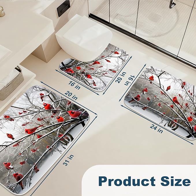 Funny Cardinal Birds on Branch Coral Velvet Bathroom Rugs and Mats Sets 3 Piece, Memory Foam Bath Mat, U-Shaped Contour Shower Mat Non Slip Absorbent, Velvet Washable 20 x 31 inch