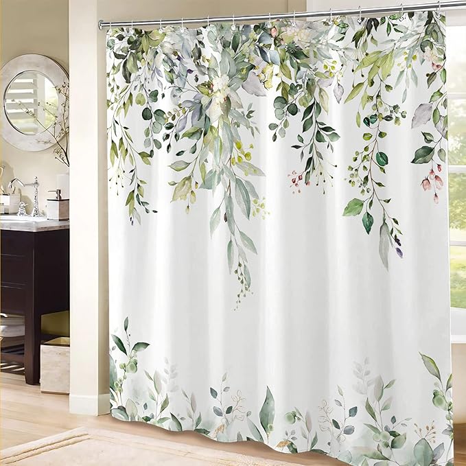 kampdream Eucalyptus Plant Rustic Shower Curtain, Watercolor Leaves On The Top Country Farm House Shower Curtain, Spring Botanical Bathroom Curtain 72 ×78 Inch