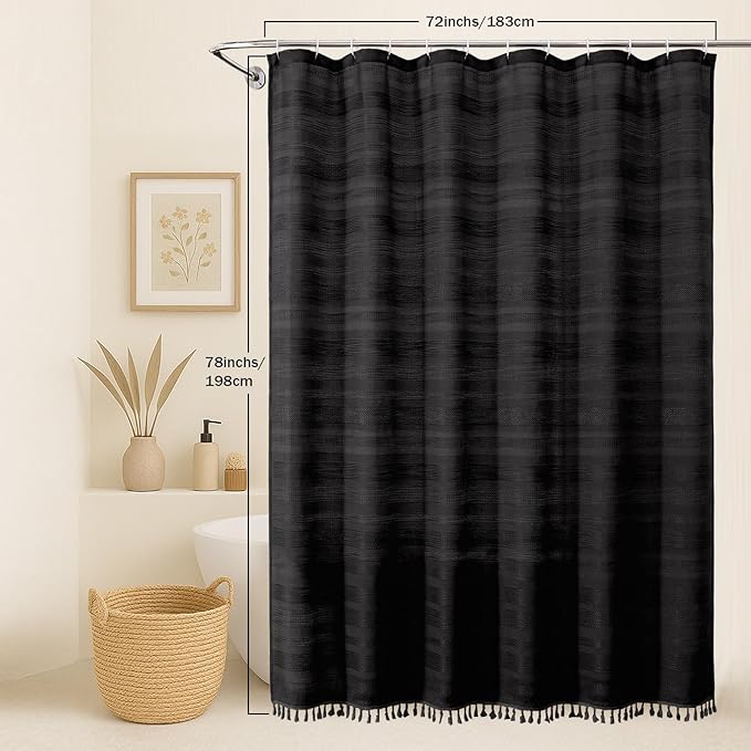 OVZME Black Shower Curtain 78 Inch Long, Boho Farmhouse Thick Linen Textured Fabric Shower Curtain with Tassel, Minimalist Striped Weighted Machine Washable Bathroom Decor, 72Wx78L Inches