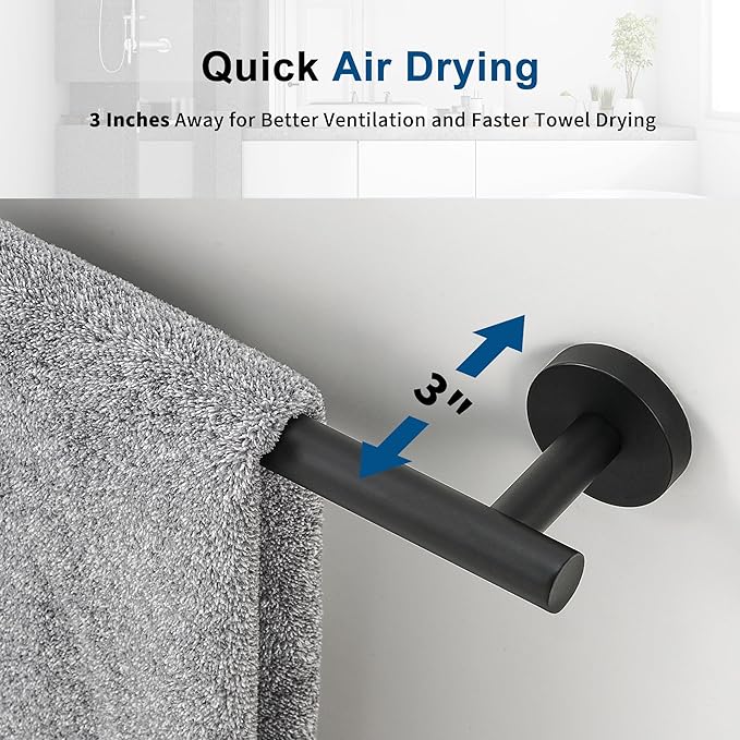 Matte Black Towel Bar, 24 Inch Towel Racks for Bathroom Wall Mounted, Thicken SUS304 Stainless Steel Heavy Duty Hand Towel Holder Organizer, Bathroom Accessories, Total Length 26.5 Inch