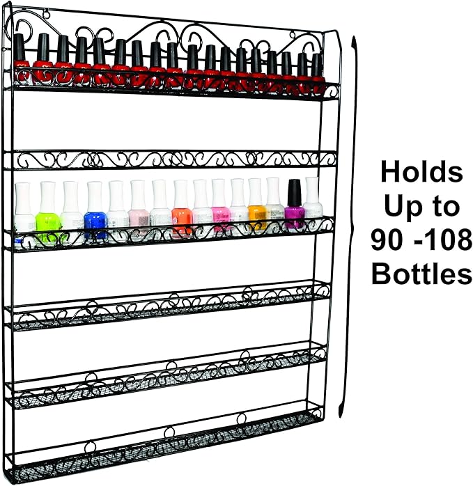 AMT 6 TIER Metal Nail Polish Racks, Fit Up To 108 BOTTLES, Black Wall Mounted, Display for The Wall, Young Living Essential Oils Organizer for Home Salon Business Spa (108 Bottles)