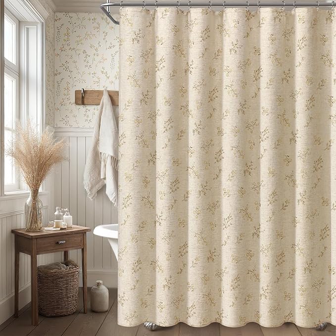 Beige Floral Farmhouse Vintage Linen Shower Curtain, French Country Shower Curtains for Bathroom, 72Wx72H