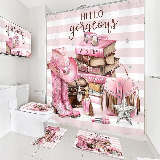 Cinbloo 4Pcs White Pink Shower Curtain Set, Western Cowgirl Fashion Diamond Boots Striped Hats Bathroom Curtain with Rug, Toilet Lid Cover, Bath Mat, Women Girls Books Shower Curtain with 12 Hooks