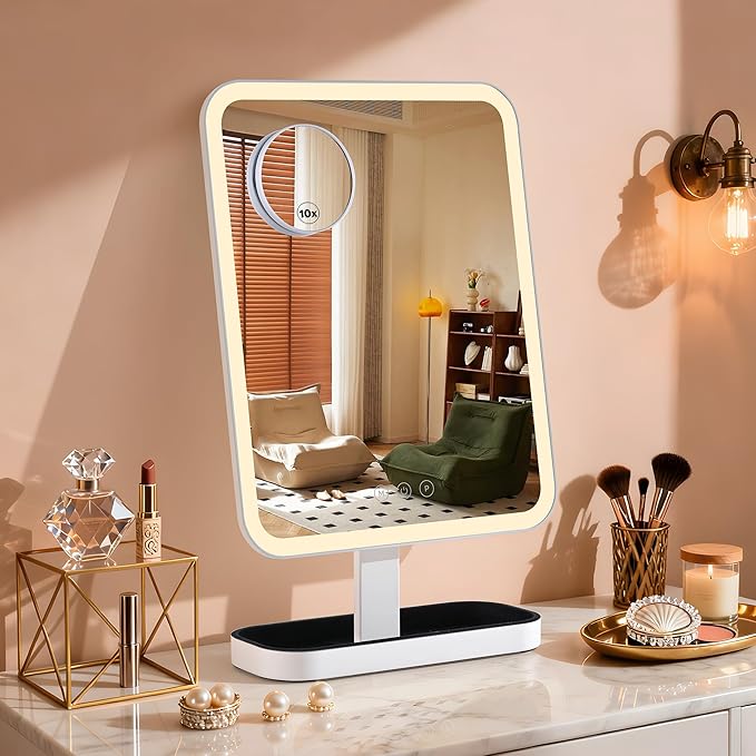Vanity Mirror with Lights, Storage Hollywood Mirror, 1/10X Magnifing, 3 Colors Lights & Adjustable, Lighted Up Mirror for Makeup Desk, Bedroom, Dressing Room, （19.7" X 12" White） Plug in