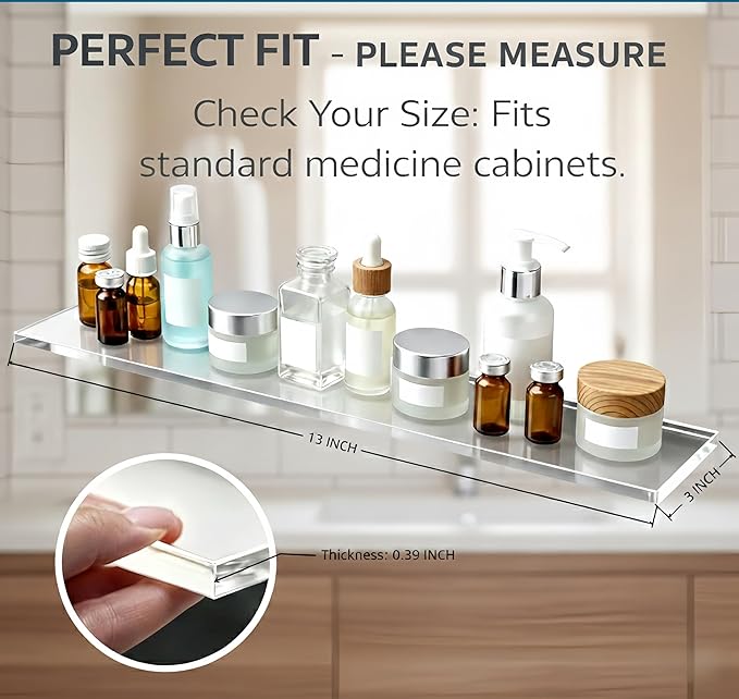 5-Pack 13-Inch Medicine Cabinet Shelves, Clear Acrylic Medicine Cabinet Shelf Replacement, Shatterproof 13" Long Bathroom Shelves, Durable Glass Alternative, Set of 5