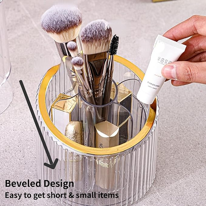 Makeup Brush Organizer, 360° Rotating Makeup Organizer with Lid, Dustproof Cosmetic Brush Holder for Vanity, Cosmetic Storage Box for Desk Bathroom Countertop (Golden)